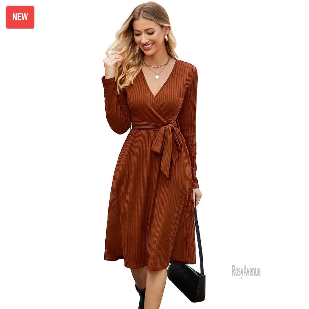 Long Sleeve Knit Midi Dress With Belt And Pockets, Business Casual